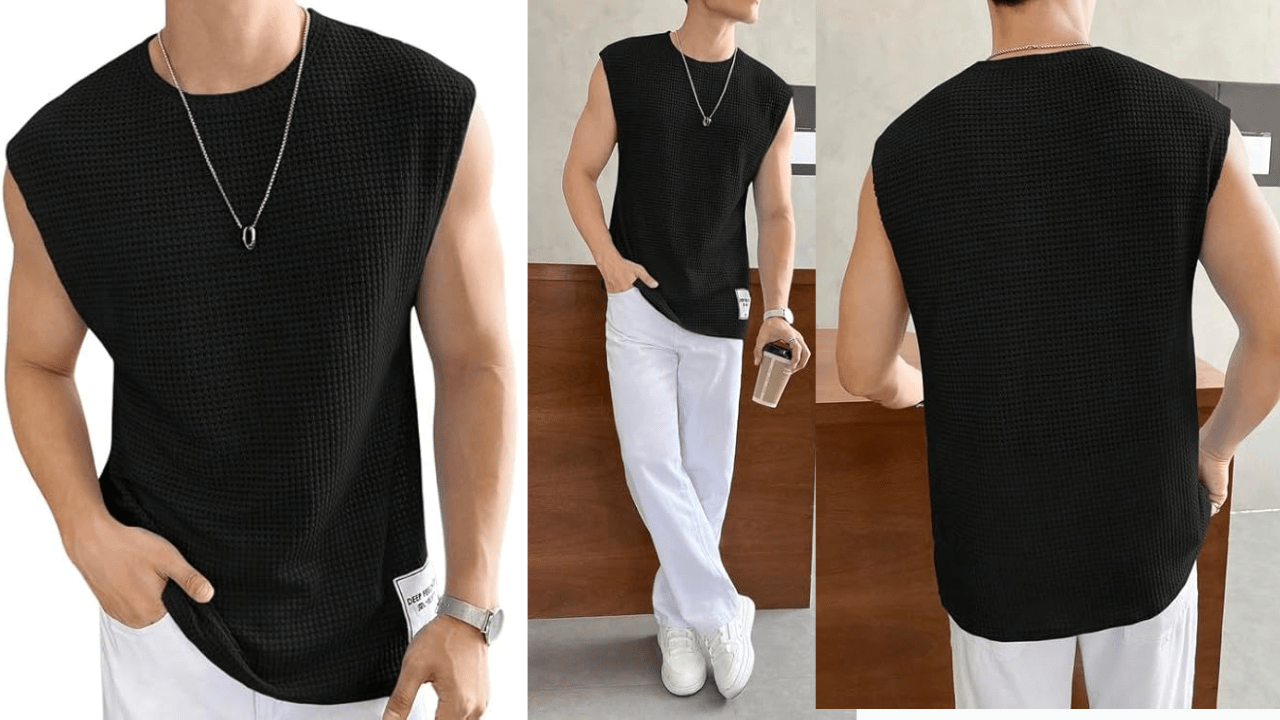 NETCLICK®Mens Waffle Tank Tops Sleeveless Round Neck Polycotton T-Shirt for Gym, Running and Outdoor